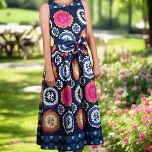 NWT Zenara Woman Navy Multi-Print Belted Tank Dress